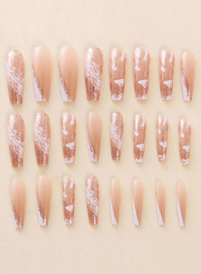 MISUD Press on Nails - Long Coffin Fake Nails with White Ombre, Acrylic Bling Glitter Design 24 pcs - Image 4